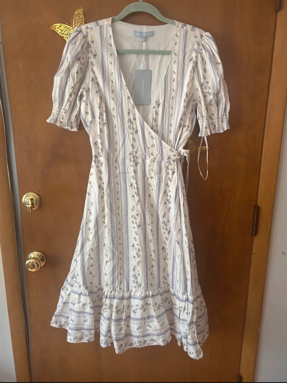ANTONIO MELANI White and Light Blue Floral Wrap Midi Dress
